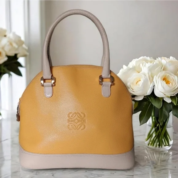LOEWE ✨️EUC Amazona Dome Satchel – Grained Leather in Mustard & Taupe - Picture 2 of 11